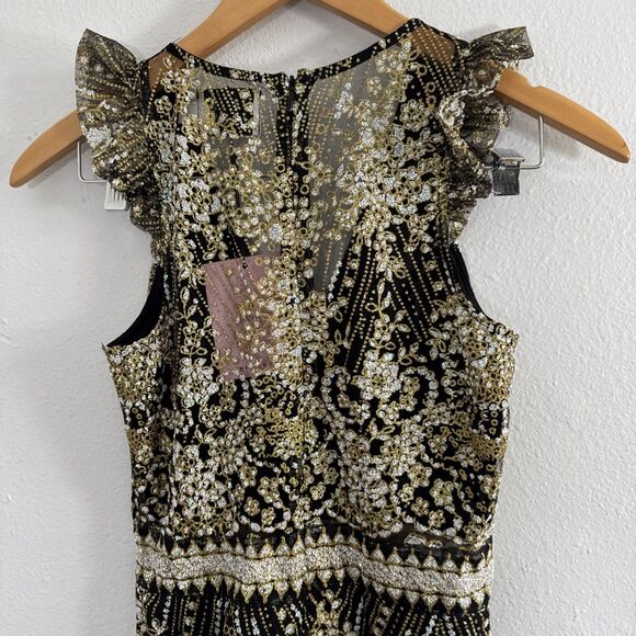 Hello‎ Molly Bodysuit Womens 2 Black Gold Print Sparkly Whimsical Steampunk Y2K - Picture 6 of 12